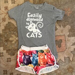 Charming Cat Print Kids Set - Gray and Multicolor